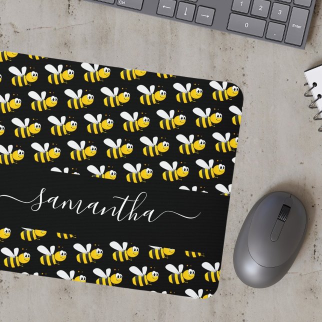 Black happy bumble bees fun humor monogram script mousepad (Von Creator hochgeladen)
