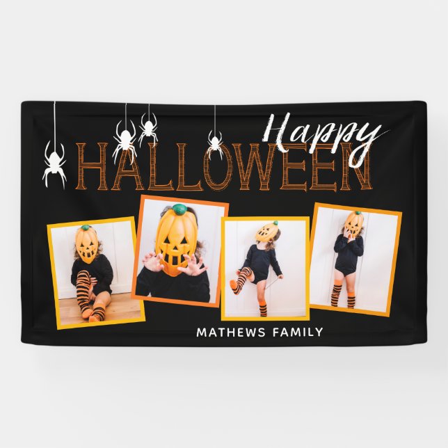 Black Happy Halloween 4 Foto Collage Spiders Banner (Horizontal)