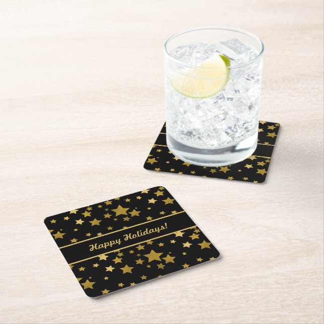 Black Happy Holidays Coaster with Golden Stars Rechteckiger Pappuntersetzer (Vor Ort)