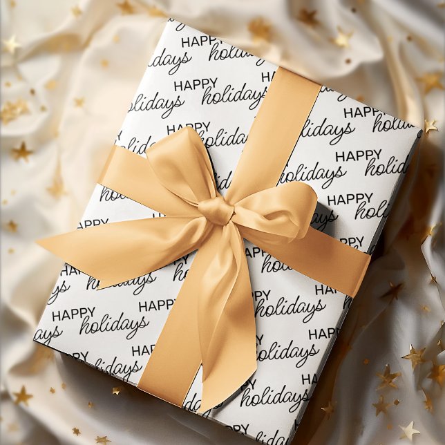 Black Happy Holidays Wortart Muster auf Weiß Geschenkpapier (Von Creator hochgeladen)