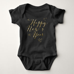 Black Happy New Year Baby Bodysuits Gold Foil