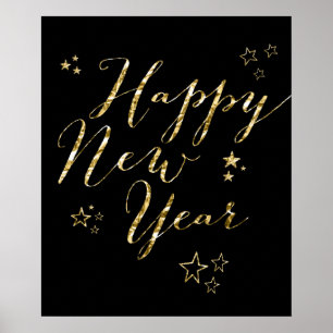 Black Happy New Year Gold Foil Sign Print Poster