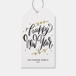 Black Happy New Year Modern Calligraphy Wreath Geschenkanhänger