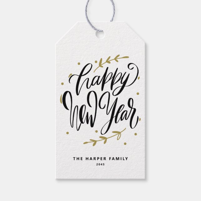 Black Happy New Year Modern Calligraphy Wreath Geschenkanhänger (Vorderseite)