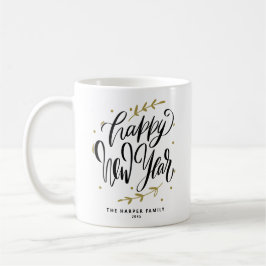 Black Happy New Year Modern Calligraphy Wreath Kaffeetasse