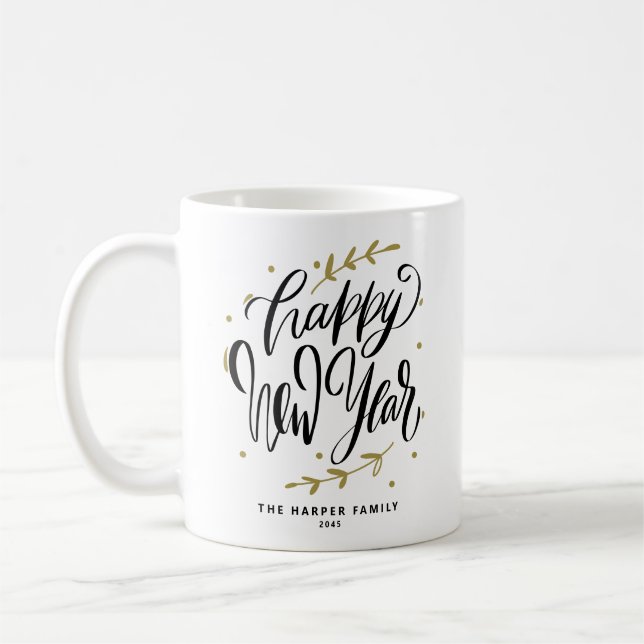 Black Happy New Year Modern Calligraphy Wreath Kaffeetasse (Links)