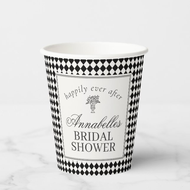 Black Harlequin Checkered Bridal Shower Pappbecher (Vorderseite)