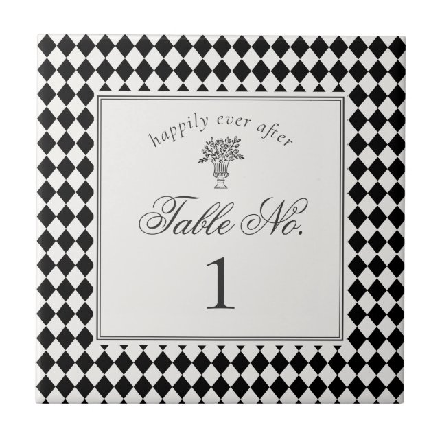 Black Harlequin Checkered Wedding Table Number Fliese (Vorderseite)