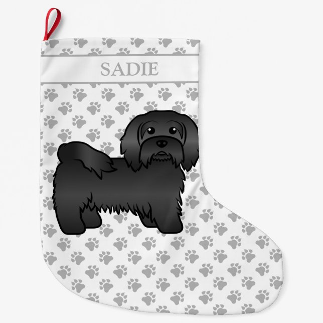 Black Havanese Niedlich Cartoon Dog & Name Großer Weihnachtsstrumpf (Vorderseite)