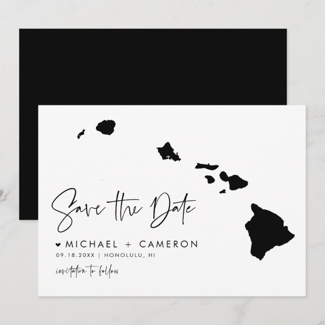 Black Hawaii Map Modernes Minimalistisches Skript Save The Date (Vorne/Hinten)