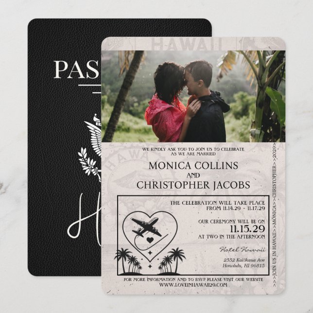Black Hawaii Passport Hochzeitseinladung Einladung (Vorne/Hinten)