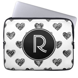 Black Hearts Doodles Monogram Laptop Sleeve