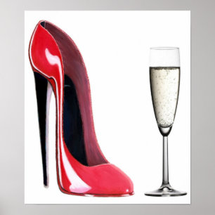 Black Heel Red Stiletto Shoe und Champagne Print Poster