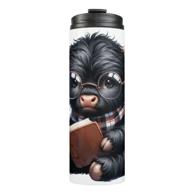 Black Highland Cow Reading A Book Thermosbecher (Vorderseite)