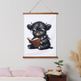 Black Highland Cow Reading A Book Wandteppich Mit Holzrahmen