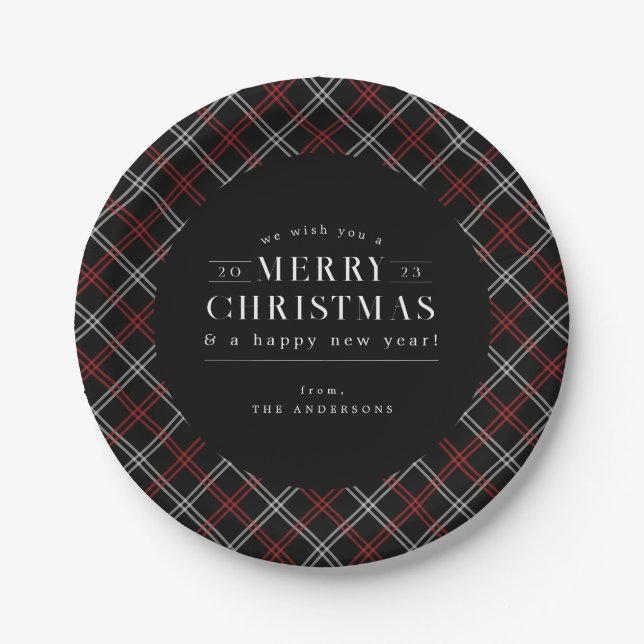 Black Holiday Plaid Christmas Pappteller (Vorderseite)