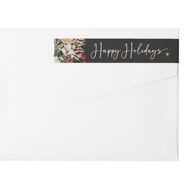 Black Holiday Wrap rund um das Label (Black Boho Botanical Happy Holidays Wrap Around Label
)