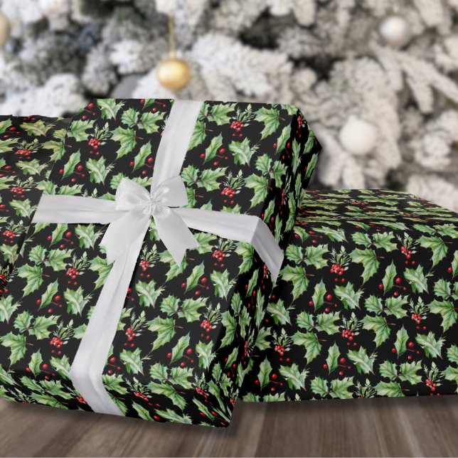 Black Holly Christmas Geschenkpapier (Festive Black Holly Berries Christmas Wrapping Paper)