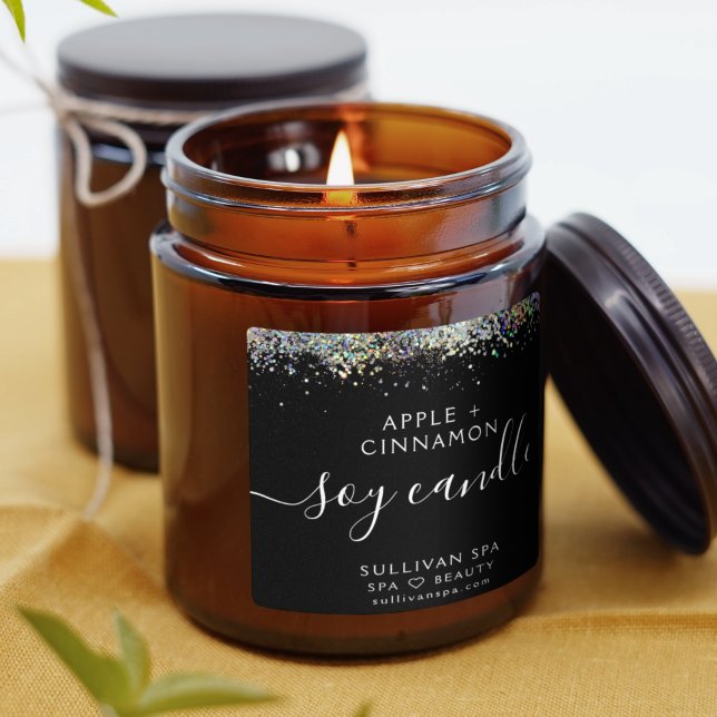 Black Holographic Glitzer Soy Candle Label Quadratischer Aufkleber (Von Creator hochgeladen)
