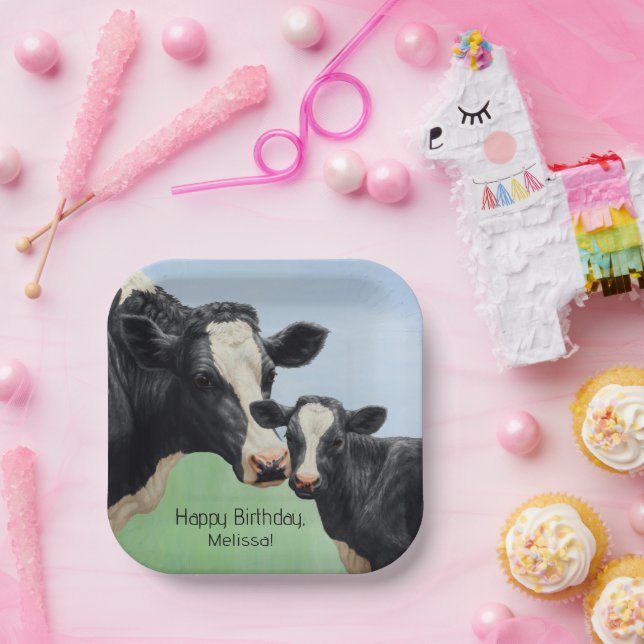 Black Holstein Cow & Niedlich Calf Pappteller (Party)