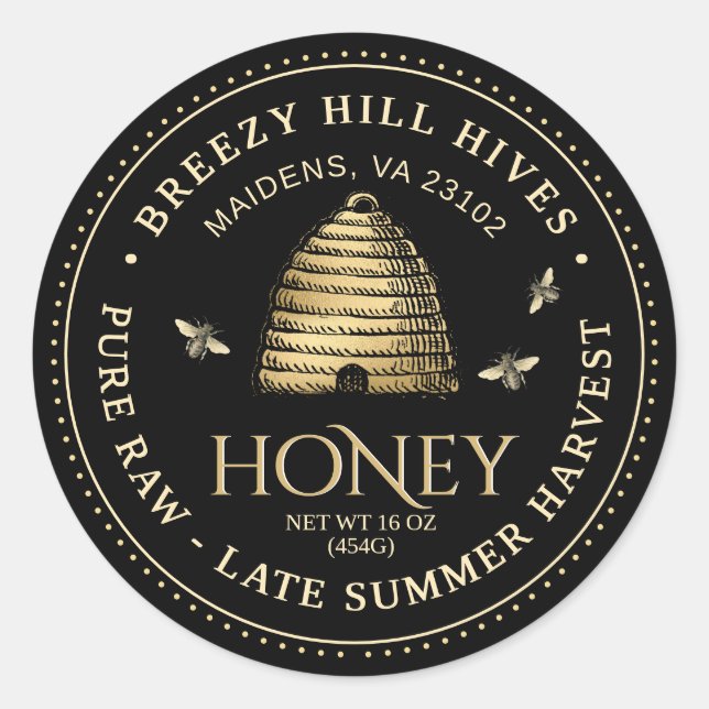 Black Honey Jar Label (Gold Skep) gepunktete Grenz Runder Aufkleber (Vorderseite)