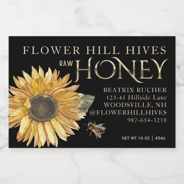 Black Honey Label Sonnenblume Biene Metallic Gold  Lebensmitteletikett (Einzelnes Label)