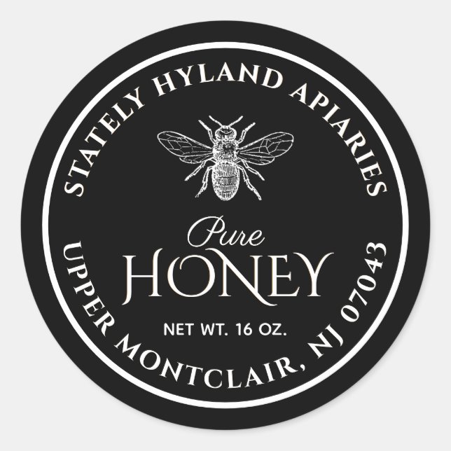 Black Honey Label White Vintag Bee Runder Aufkleber (Vorderseite)