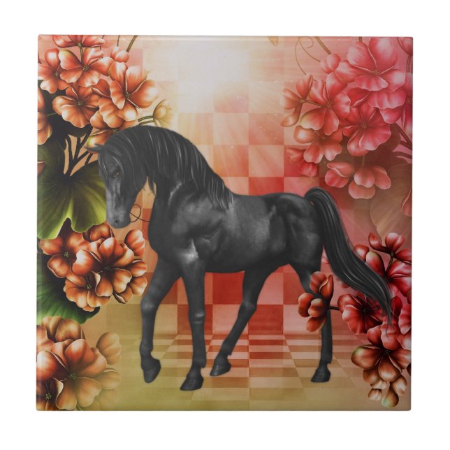 Black Horse Fantasy Blume Tier Fliese (Vorderseite)