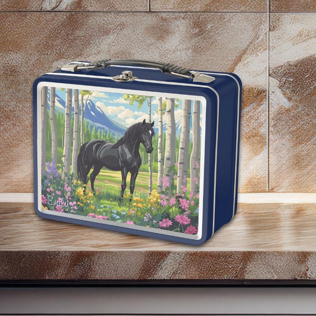 Black Horse Girls Blume Rosa Blauer Spaß Metall Brotdose (Black Horse Girls Flowers Meadow Pink Blue Fun Metal Lunch Box - Personalize front and back.)