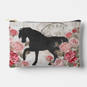 Black Horse Pink Rose Französisch Script Feminine  Zubehörtasche