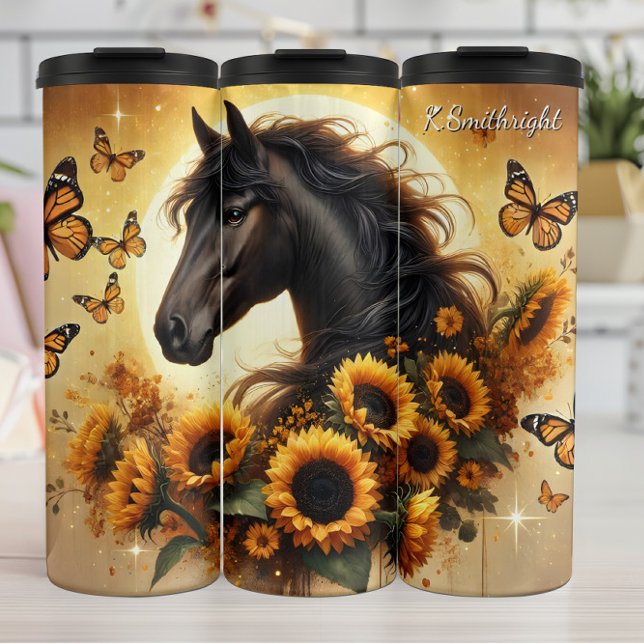 Black Horse Sunflower Butterfly Golden Glow Thermosbecher (Von Creator hochgeladen)
