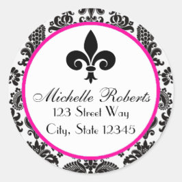 Black & Hot Pink Damask Fleur De Lys Address Label Runder Aufkleber