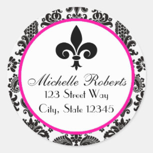 Black & Hot Pink Damask Fleur De Lys Address Label Runder Aufkleber