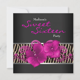 Black Hot Pink Zebra Sweet 16 Geburtstagsparty Einladung