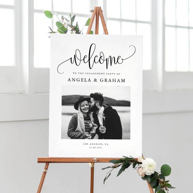 Black Hübsch Calligraphy Engagement Party Foto Poster (Elegant photo welcome sign with black calligraphy and minimalist script for engagement parties.)