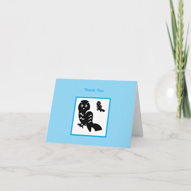 Black Illustrated Owls Thank You Card – Blue Dankeskarte (Vorderseite)