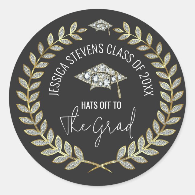 Black & Imitate Damsons Gold Abschluss Hat Wreath Runder Aufkleber (Vorderseite)