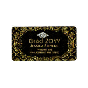 Black & Imitate Gold Damaskus & Glitzer Grad Hat 2 Adressaufkleber