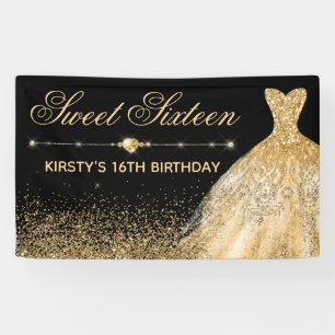 Black & Imitate Gold Glitzer & Dress Sweet 16 Banner