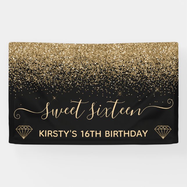 Black & Imitate Gold Glitzer Sweet 16 Banner (Horizontal)