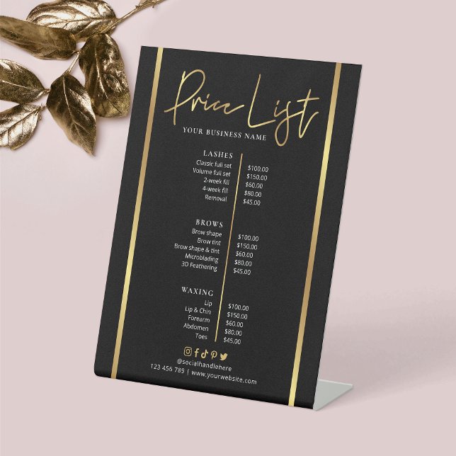 Black & Imitate Gold Salon Wellness-Center Trendy  Sockelschild (Make a glam price list for your business with this black and gold business menu sign design)