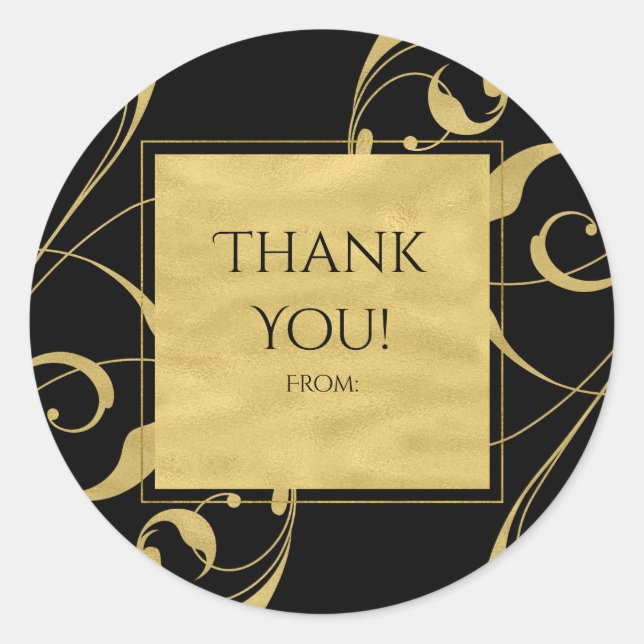 Black & Imitate Golflorale Swirl Hochzeitsfeier Runder Aufkleber (Vorderseite)