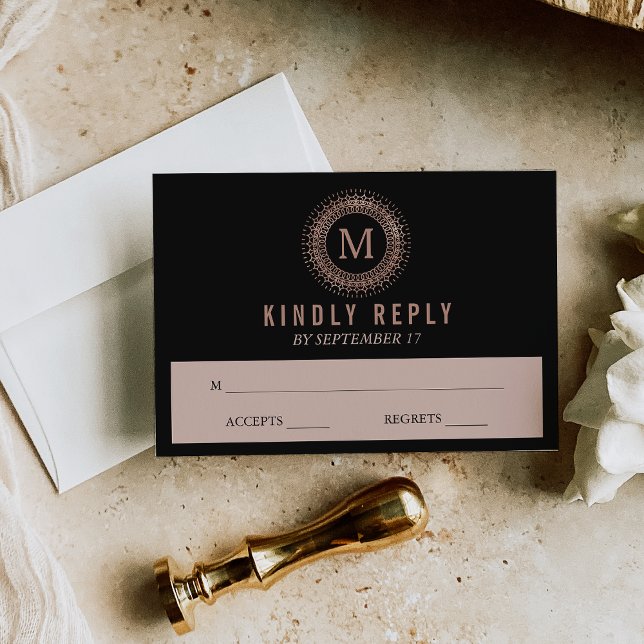 Black & Imitate Rose Gold Deko Monogram Wedding RS RSVP Karte (Von Creator hochgeladen)