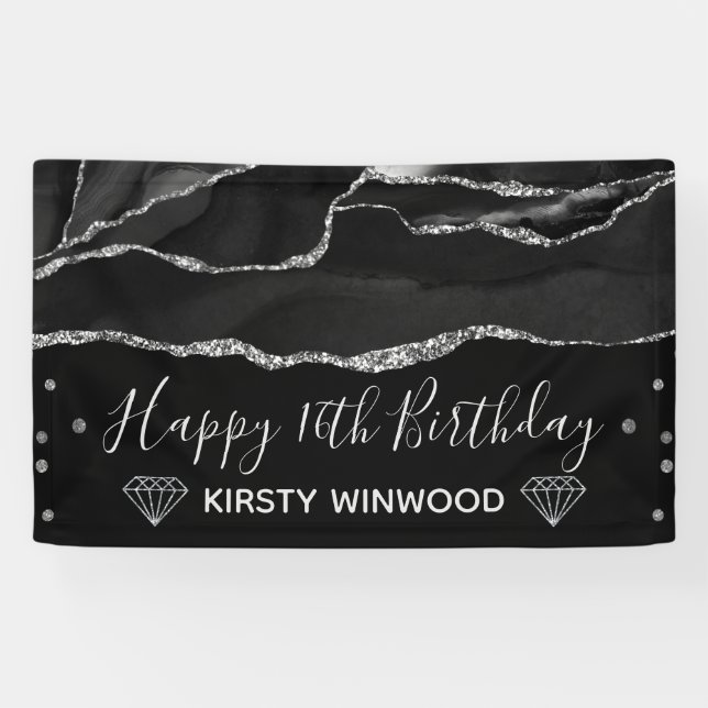 Black & Imitate Silver Glitzer Agate Sweet 16 Banner (Horizontal)