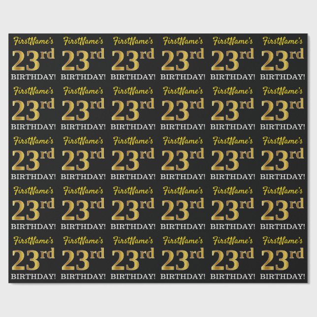 Black, Imitation Gold "23. BIRTHDAY" Geschenkpapier (Flach)