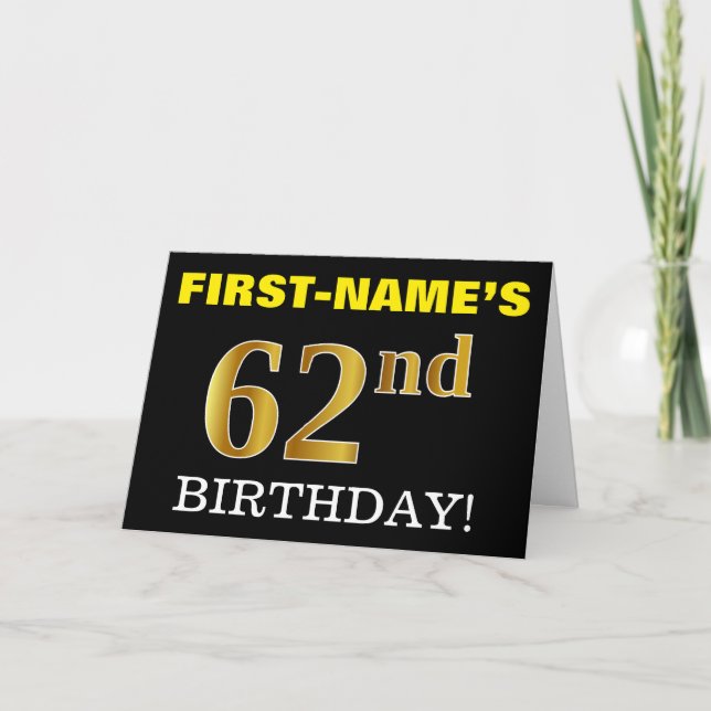 Black, Imitation Gold "62. BIRTHDAY" Karte (Vorderseite)