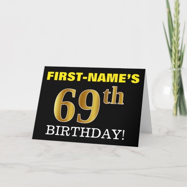 Black, Imitation Gold "69. BIRTHDAY" Karte (Vorderseite)