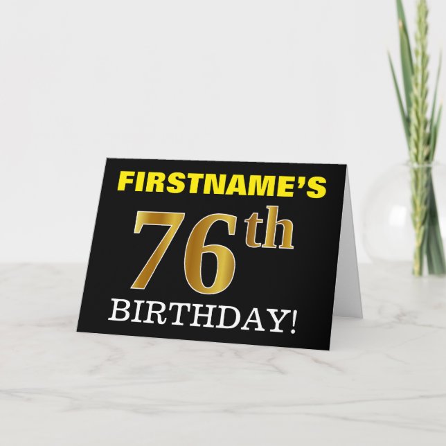 Black, Imitation Gold "76. BIRTHDAY" Karte (Vorderseite)