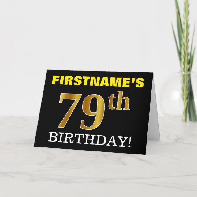 Black, Imitation Gold "79. BIRTHDAY" Karte (Vorderseite)