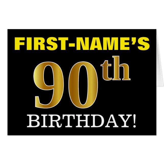 Black, Imitation Gold "90. BIRTHDAY" Card (Vorderseite (Horizontal))